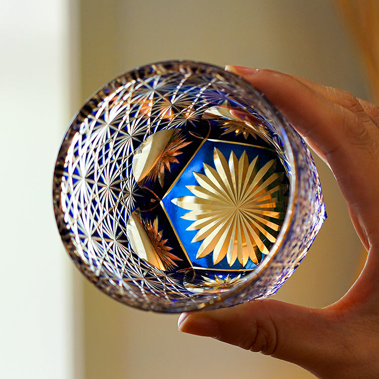 Edo Kiriko Blue Daisy Crystal Glass Whiskey Glass