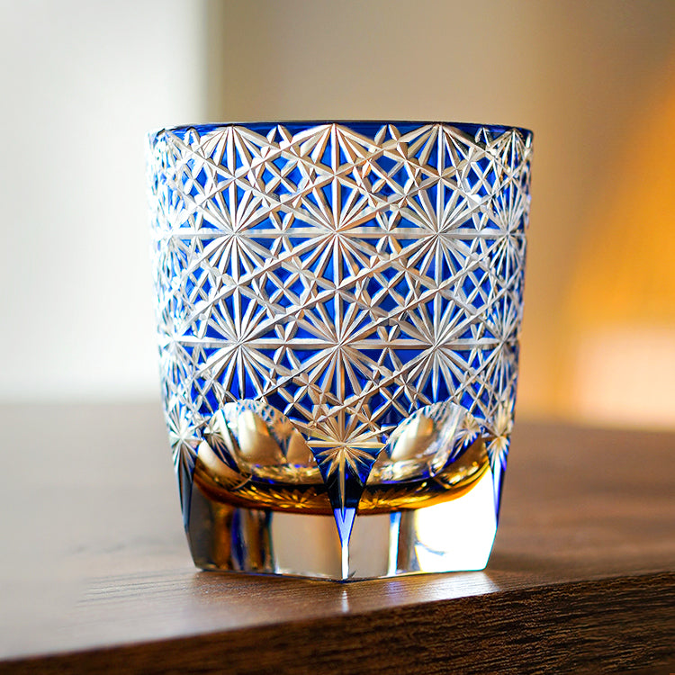 Edo Kiriko Blue Daisy Crystal Glass Whiskey Glass Small, blue daisy