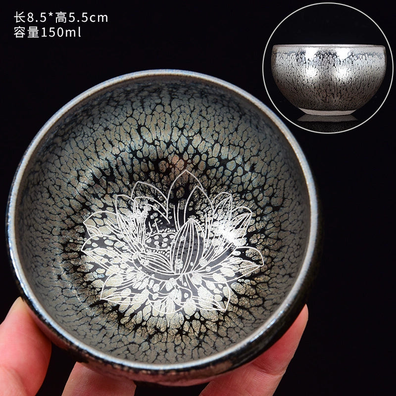 Silver Painted Koi Phoenix Lotus Cup Tea Cups Silver Oil Drop Cup - Lotus Below 200mL