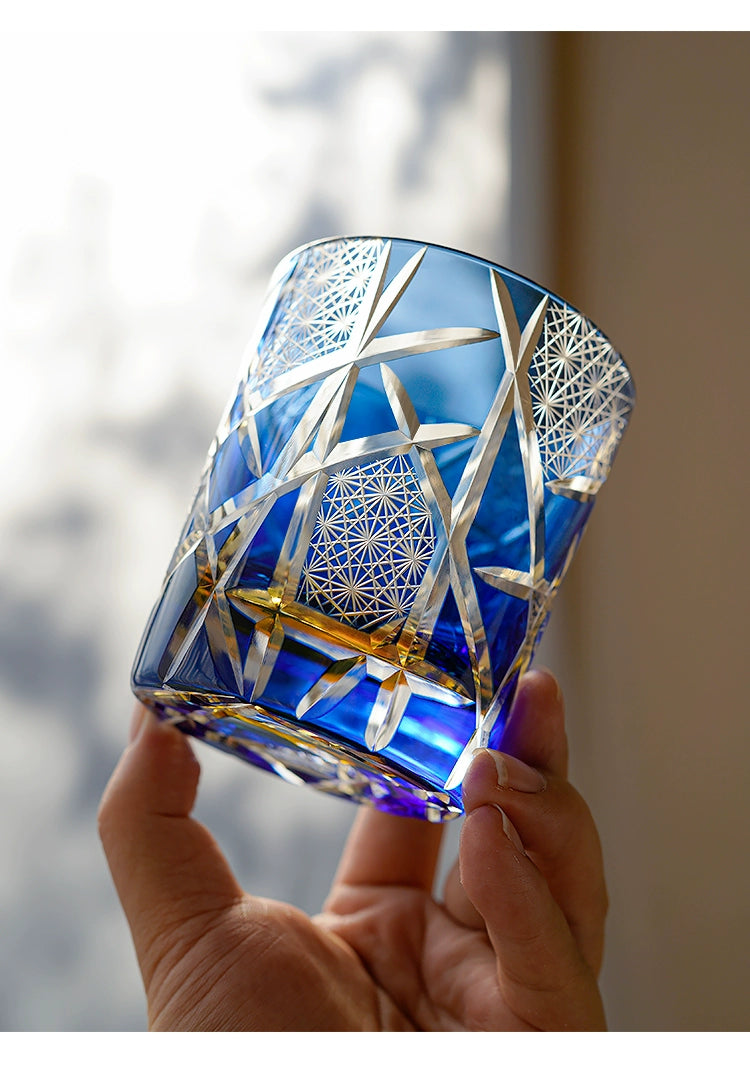 Edo Kiriko Blue Daisy Crystal Glass Whiskey Glass