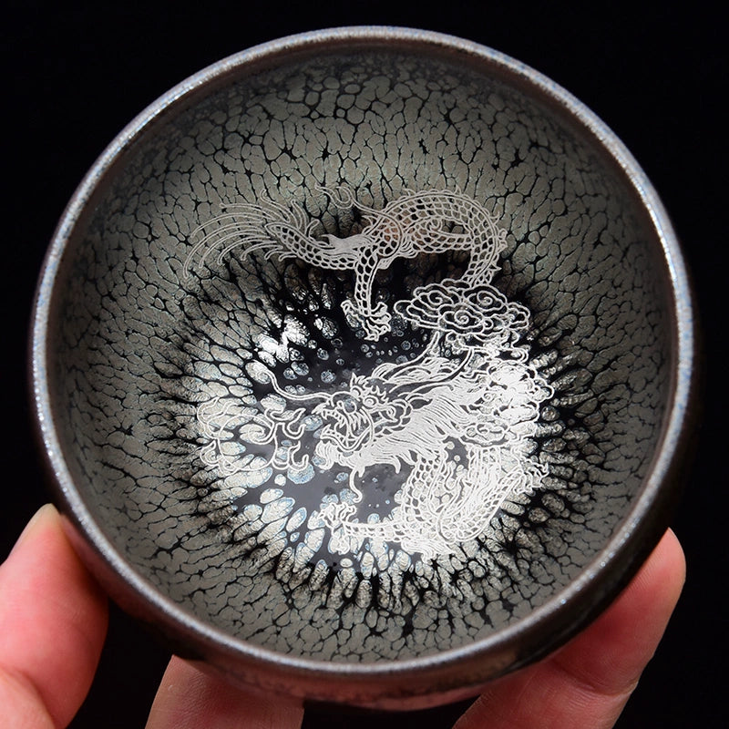 Silver Painted Koi Phoenix Lotus Cup Tea Cups