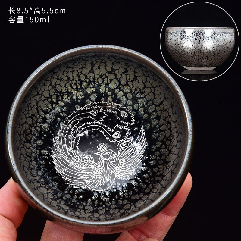 Silver Painted Koi Phoenix Lotus Cup Tea Cups Silver Oil Drop Cup - Phoenix Below 200mL