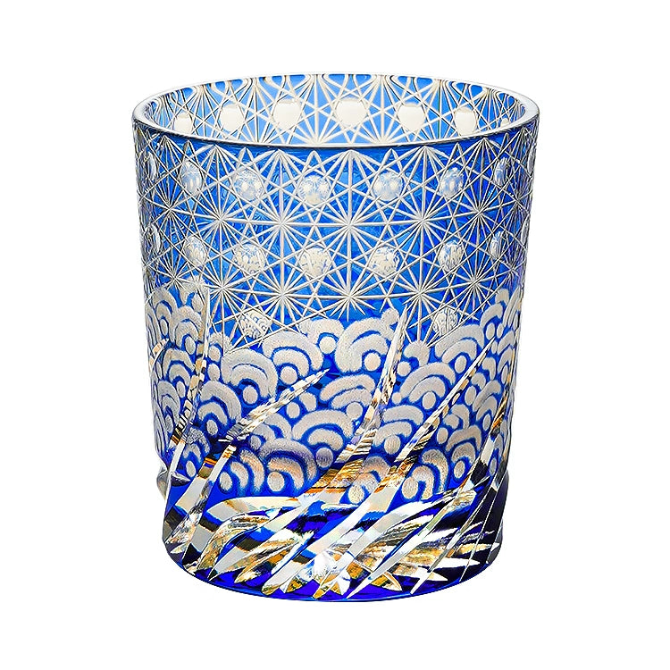 Edo Kiriko Blue Daisy Crystal Glass Whiskey Glass Amber Blue Star Sea Pattern