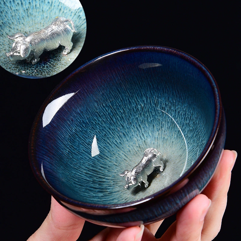 Silver Inlaid Kiln-changed Tianmu Glaze Tea Cup Twelve Zodiac Tea Cups Silver-inlaid Jianzhan brushed bamboo hat cup · Haizhu Below 200mL