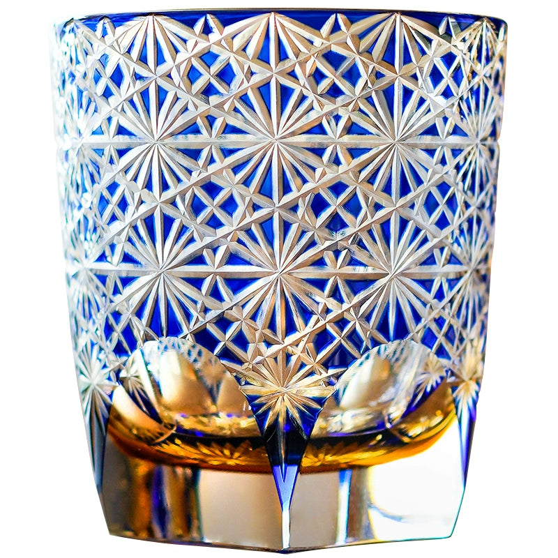 Edo Kiriko Blue Daisy Crystal Glass Whiskey Glass