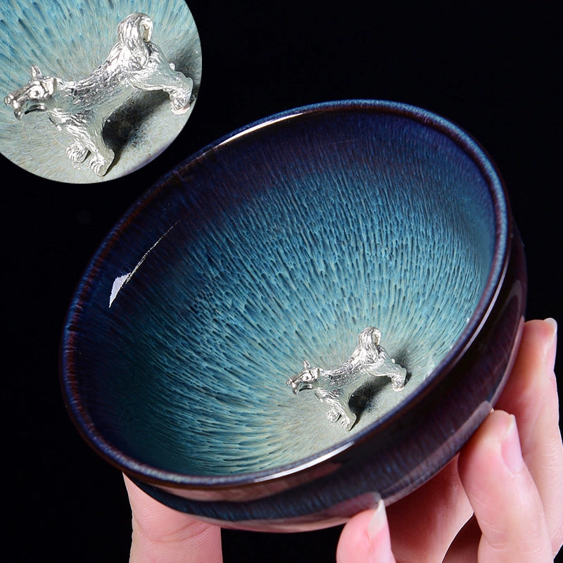 Silver Inlaid Kiln-changed Tianmu Glaze Tea Cup Twelve Zodiac Tea Cups Silver-inlaid Jianzhan Brushed Hat Cup · Xu Dog Below 200mL