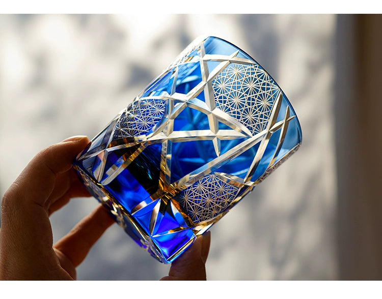 Edo Kiriko Blue Daisy Crystal Glass Whiskey Glass