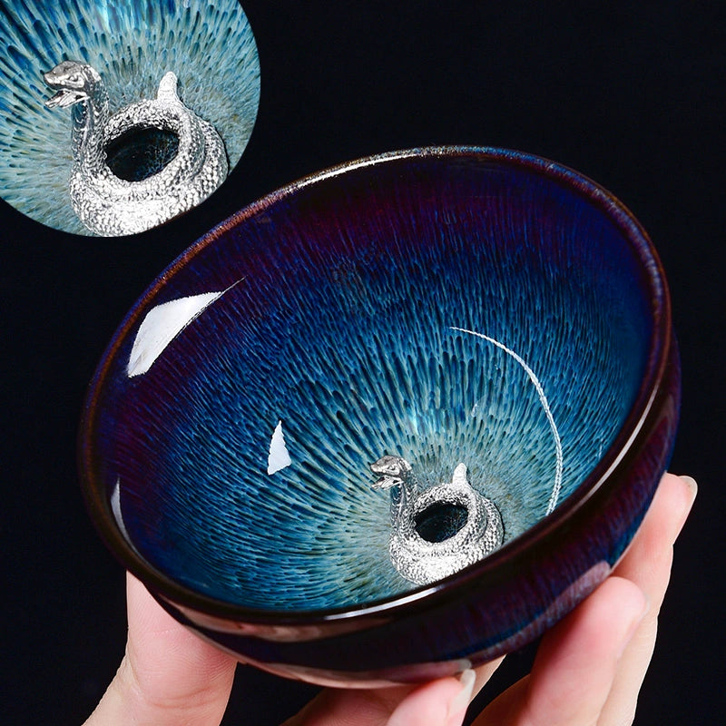 Silver Inlaid Kiln-changed Tianmu Glaze Tea Cup Twelve Zodiac Tea Cups Silver-inlaid Jianzhan Brushed Hat Cup · Snake Below 200mL