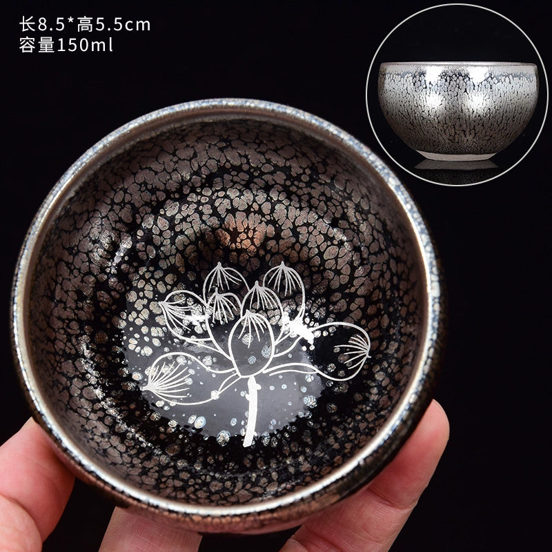 Silver Painted Koi Phoenix Lotus Cup Tea Cups Silver painted oil drop teacup - lotus Below 200mL