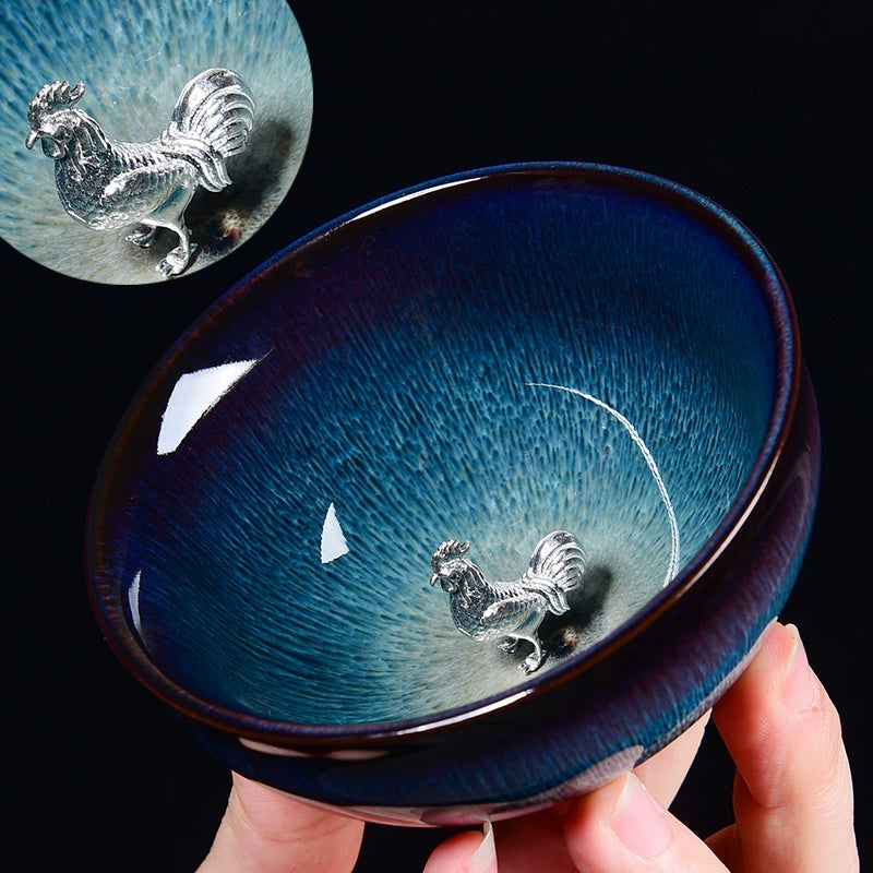 Silver Inlaid Kiln-changed Tianmu Glaze Tea Cup Twelve Zodiac Tea Cups Silver-inlaid Jianzhan brushed hat cup · Youji Below 200mL