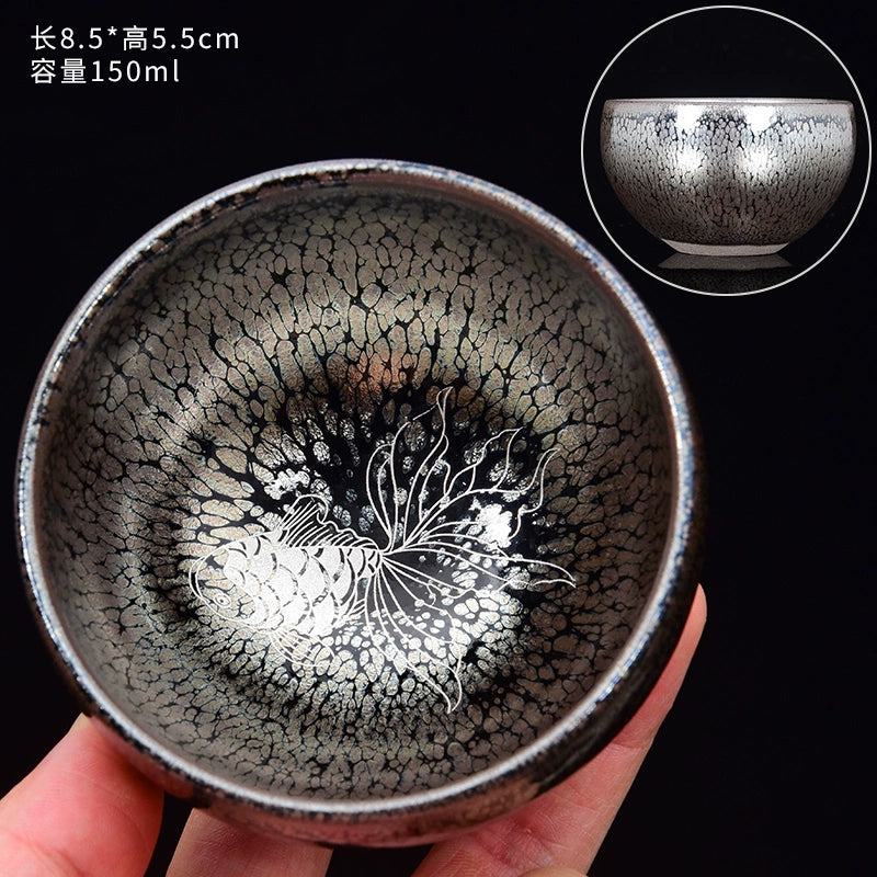 Silver Painted Koi Phoenix Lotus Cup Tea Cups Silver Painted Oil Drop Cup - Koi Below 200mL