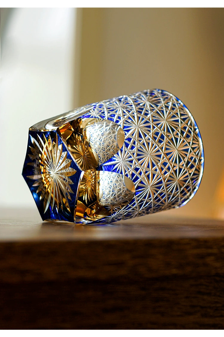 Edo Kiriko Blue Daisy Crystal Glass Whiskey Glass