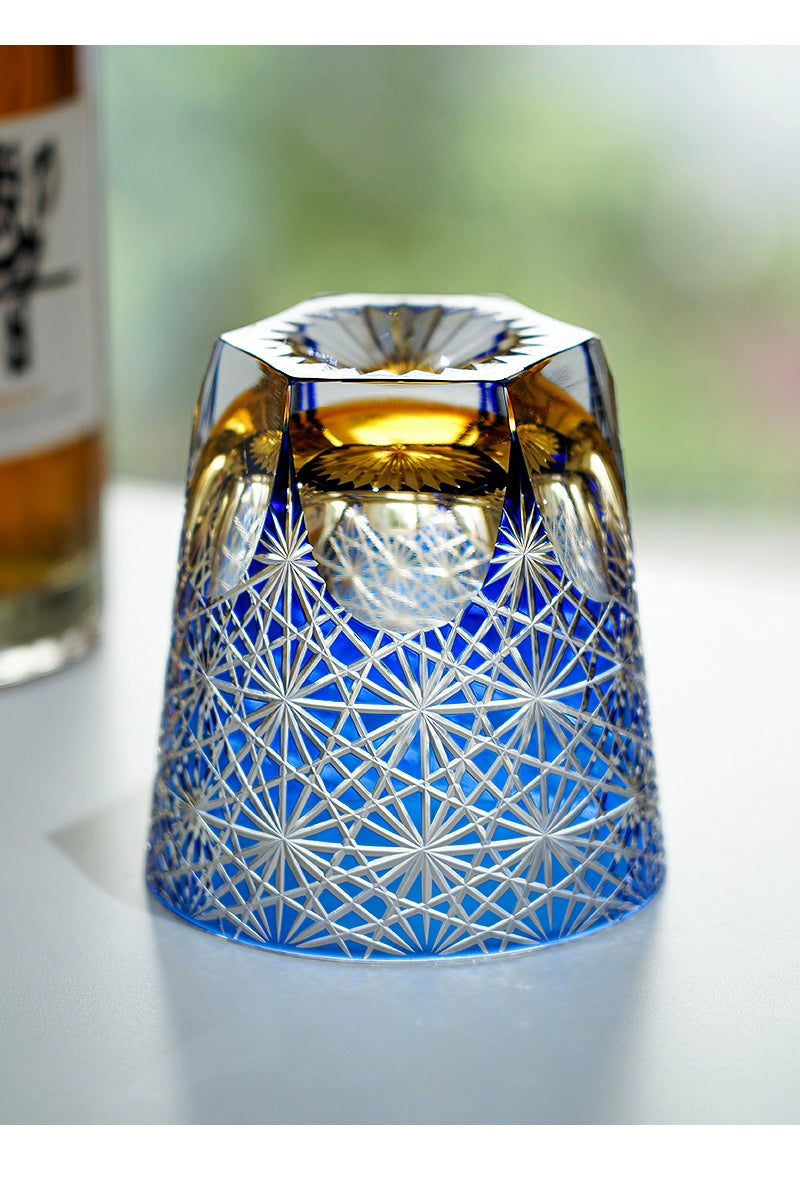 Edo Kiriko Blue Daisy Crystal Glass Whiskey Glass