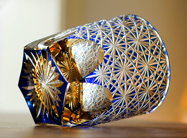 Edo Kiriko Blue Daisy Crystal Glass Whiskey Glass