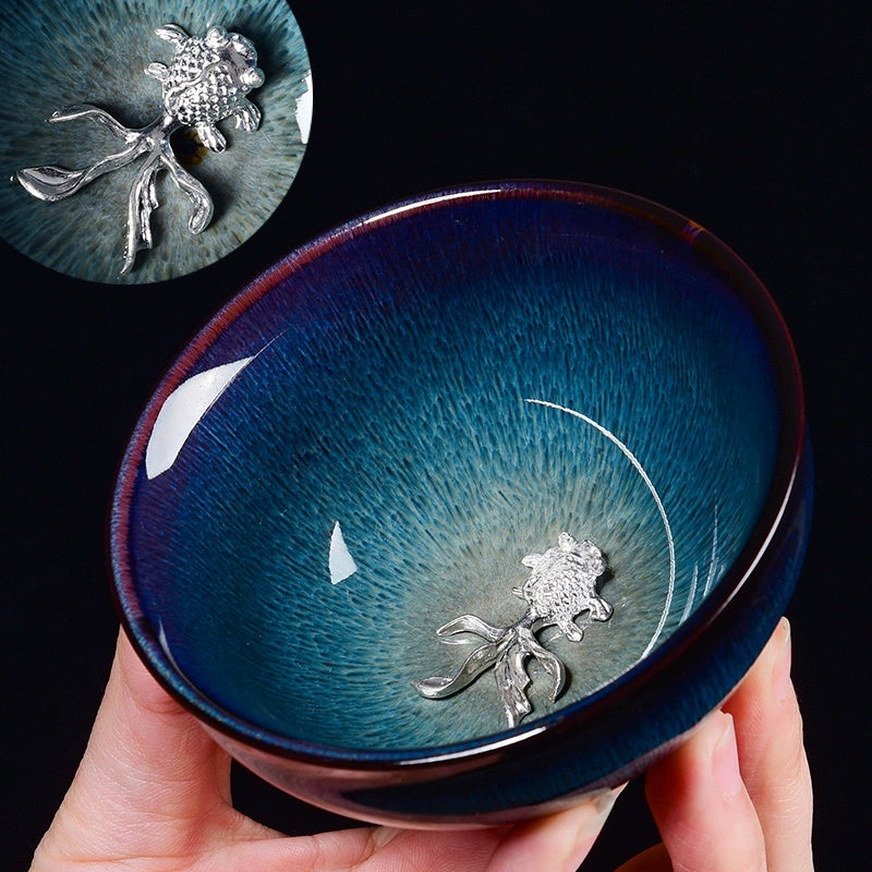Silver Inlaid Kiln-changed Tianmu Glaze Tea Cup Twelve Zodiac Tea Cups Silver-inlaid Jianzhan brushed hat cup · Goldfish Below 200mL