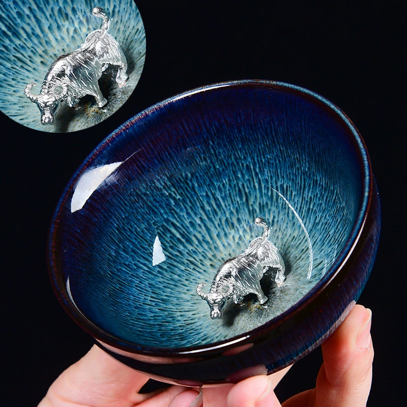 Silver Inlaid Kiln-changed Tianmu Glaze Tea Cup Twelve Zodiac Tea Cups Silver-inlaid Jianzhan brushed hat cup · Ugly Bull Below 200mL