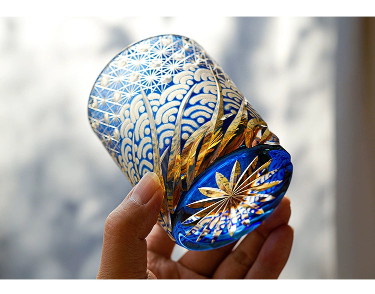 Edo Kiriko Blue Daisy Crystal Glass Whiskey Glass