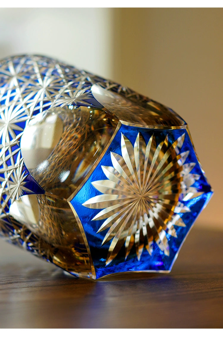 Edo Kiriko Blue Daisy Crystal Glass Whiskey Glass