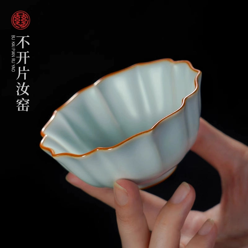 Handmade Ru Kiln Teacup Celadon Kungfu Teacup Lotus petal cup, Ru kiln without opening, Ci character bottom 100ml