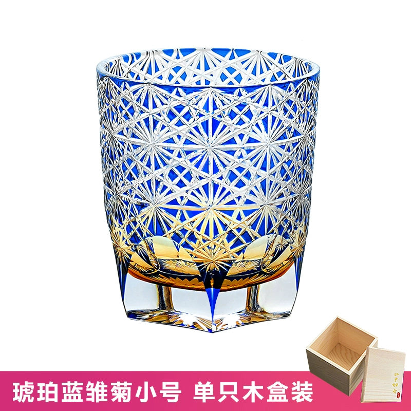 Edo Kiriko Blue Daisy Crystal Glass Whiskey Glass Small, Amber Blue Daisies