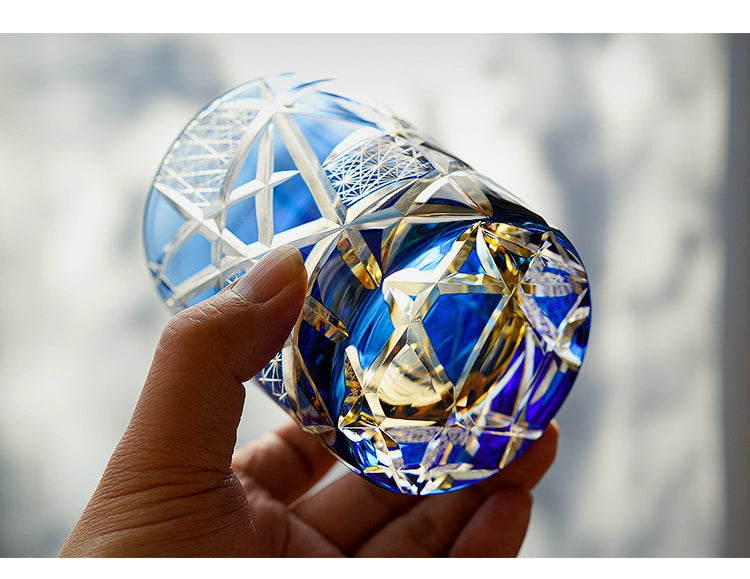 Edo Kiriko Blue Daisy Crystal Glass Whiskey Glass