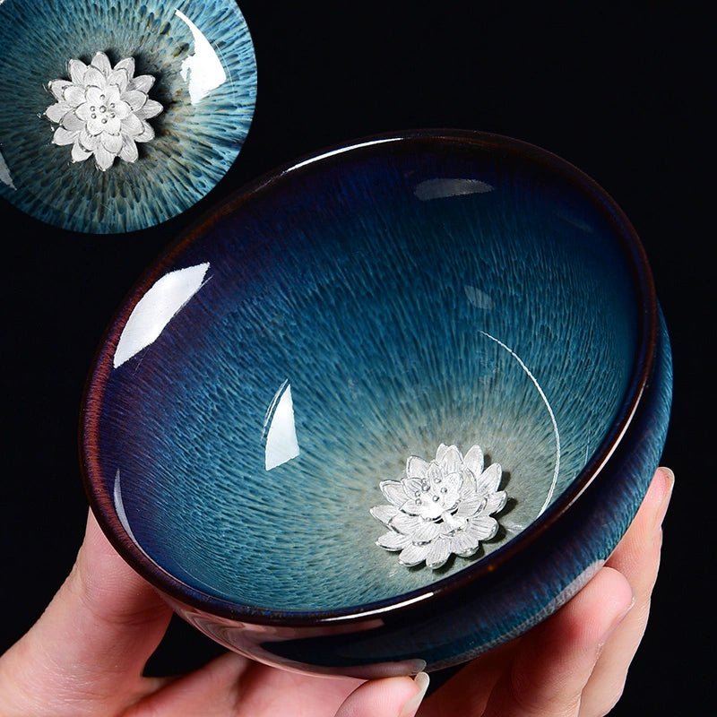 Silver Inlaid Kiln-changed Tianmu Glaze Tea Cup Twelve Zodiac Tea Cups Silver-inlaid Jianzhan brushed hat cup · Lotus Below 200mL