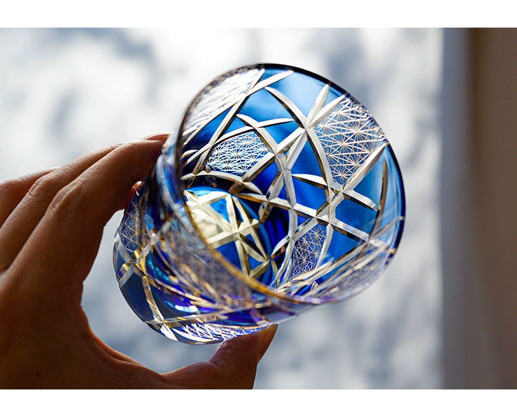 Edo Kiriko Blue Daisy Crystal Glass Whiskey Glass