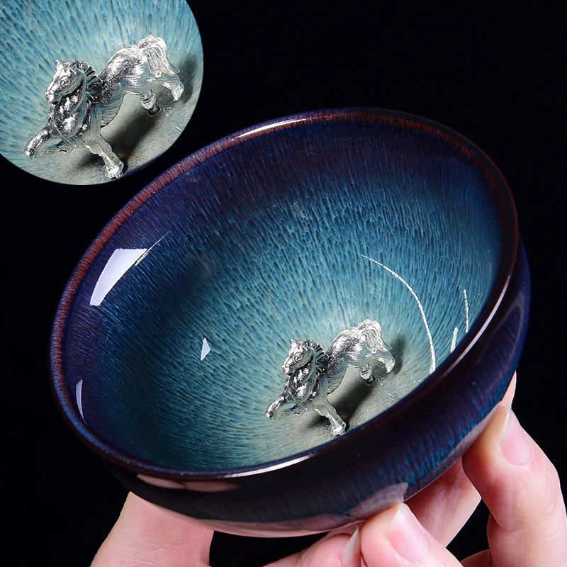 Silver Inlaid Kiln-changed Tianmu Glaze Tea Cup Twelve Zodiac Tea Cups Silver-inlaid Jianzhan brushed hat cup · afternoon horse Below 200mL