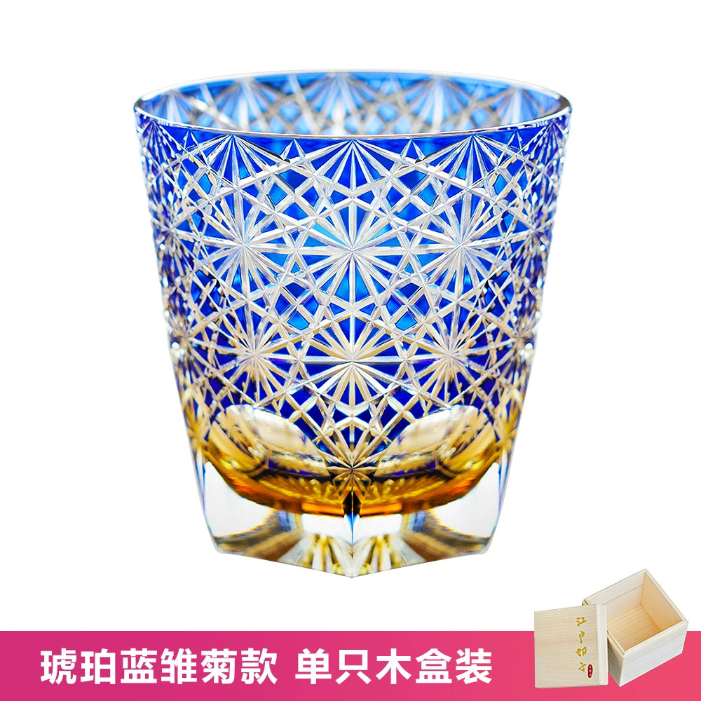Edo Kiriko Blue Daisy Crystal Glass Whiskey Glass Large, Blue Daisy A