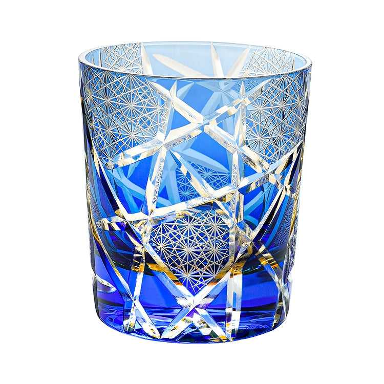 Edo Kiriko Blue Daisy Crystal Glass Whiskey Glass Amber blue lightning pattern