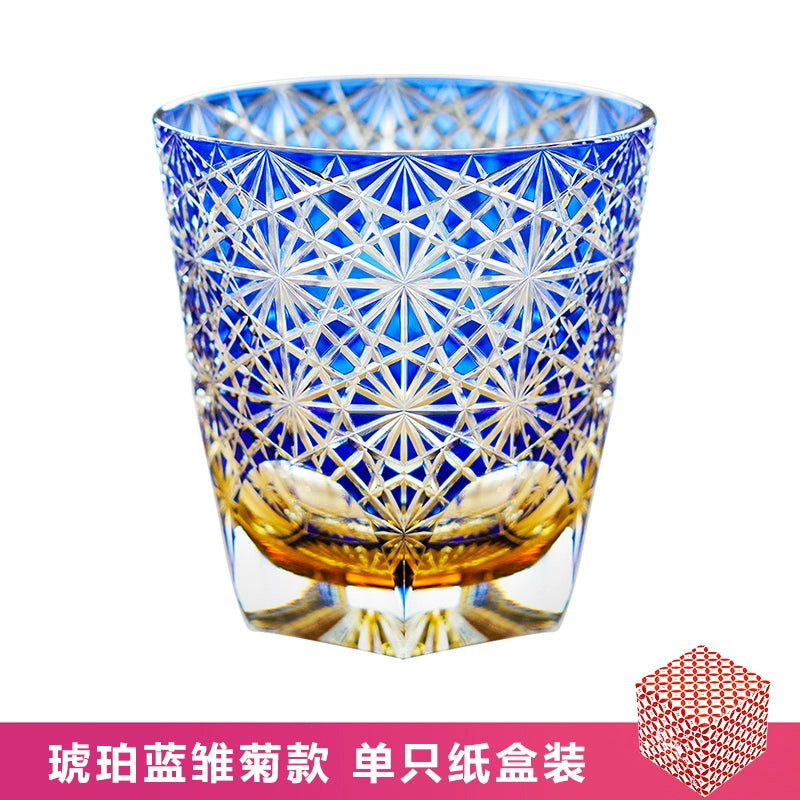 Edo Kiriko Blue Daisy Crystal Glass Whiskey Glass Large, Blue Daisies