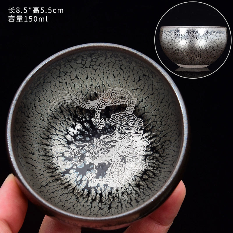 Silver Painted Koi Phoenix Lotus Cup Tea Cups Silver Painted Oil Drop Cup Teacup - Xianglong Below 200mL