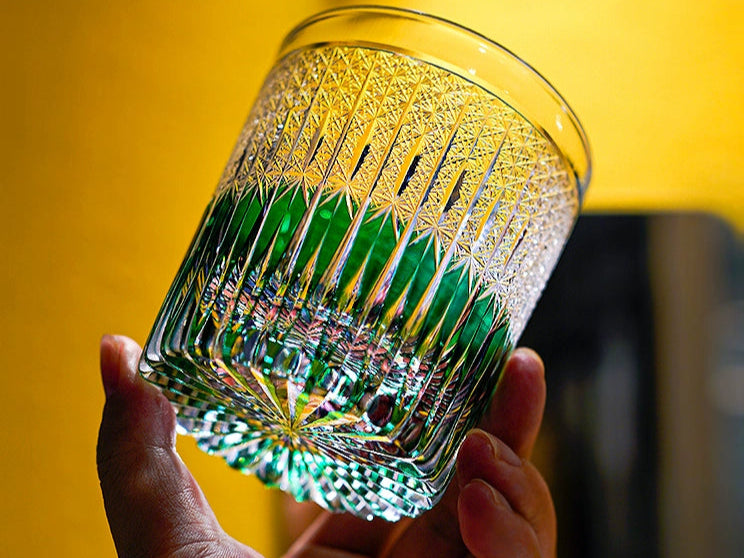 Edo Kiriko Handcrafted Karmic Whisky Glass green