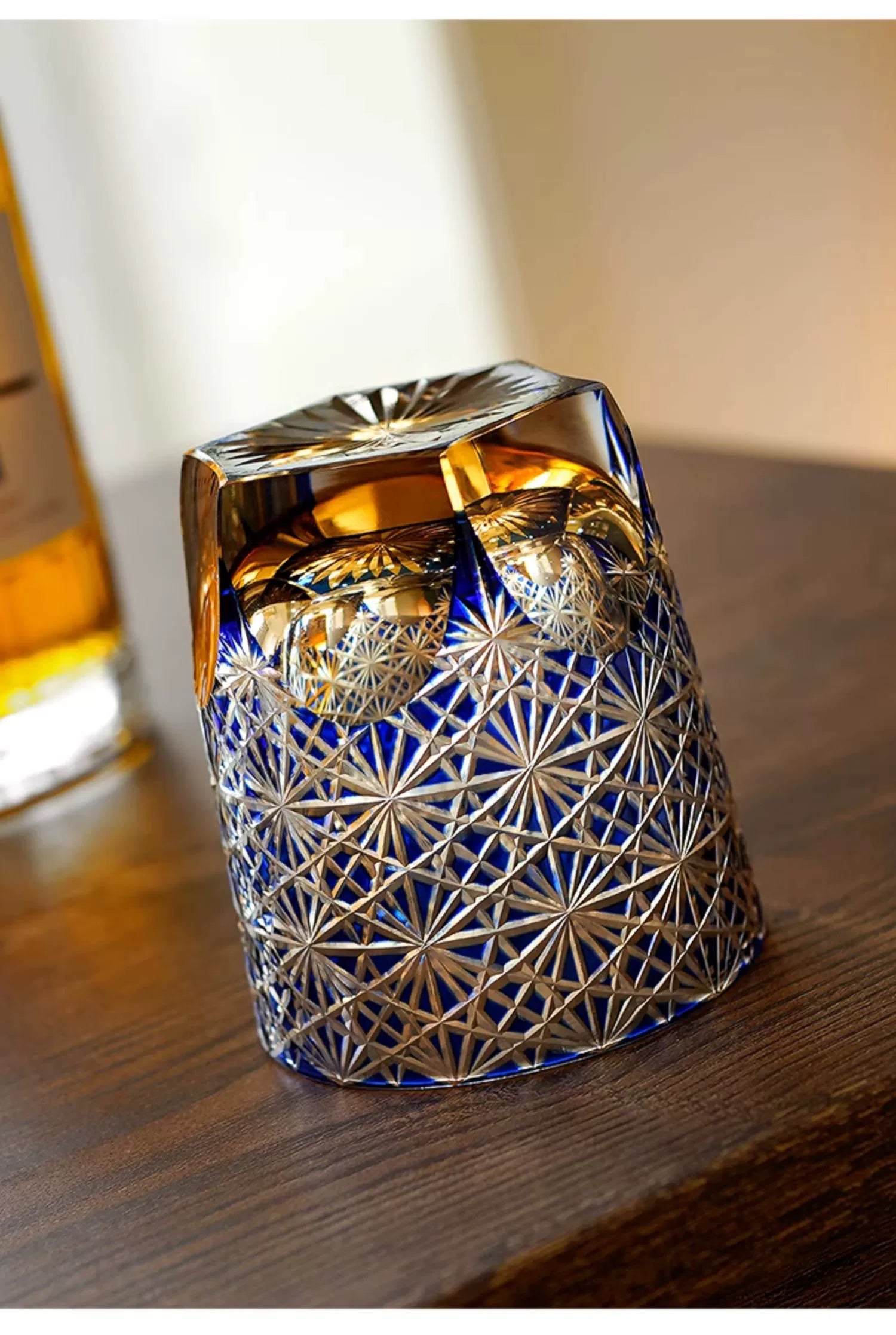 Edo Kiriko Blue Daisy Crystal Glass Whiskey Glass